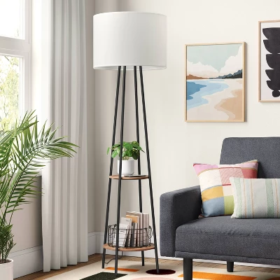 Floor Lamp With Shelves - Room Essentials™: Black Metal, Linen Shade, ETL Listed, 62" Height 4 Floor Lamp With Shelves - Room Essentials™: Black Metal, Linen Shade, ETL Listed, 62" Height - Image 2